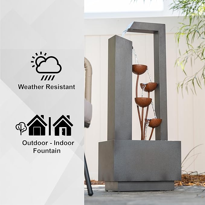 XBrand Metal Sculptural Multi-Tiered Flower Water Fountain, No LED Lights, Gray and Bronze, 38" Tall