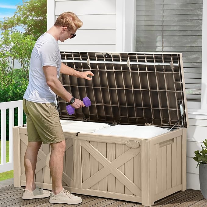 YITAHOME 120 Gallon Large Deck Box with X-Shaped Front, Resin Outdoor Storage Boxes, Waterproof Cushion Storage Bench for Patio, Pool Supplies, Garden Tools - Lockable, Taupe