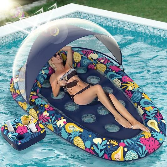 3-in-1 Pool Floats with Canopy Cup Holder, Large 73" x 48" Pool Floats Adults Heavy Duty, Inflatable Lounger Raft Floating Chair with Backrest, Swimming Pool Lake Beach Pool Party