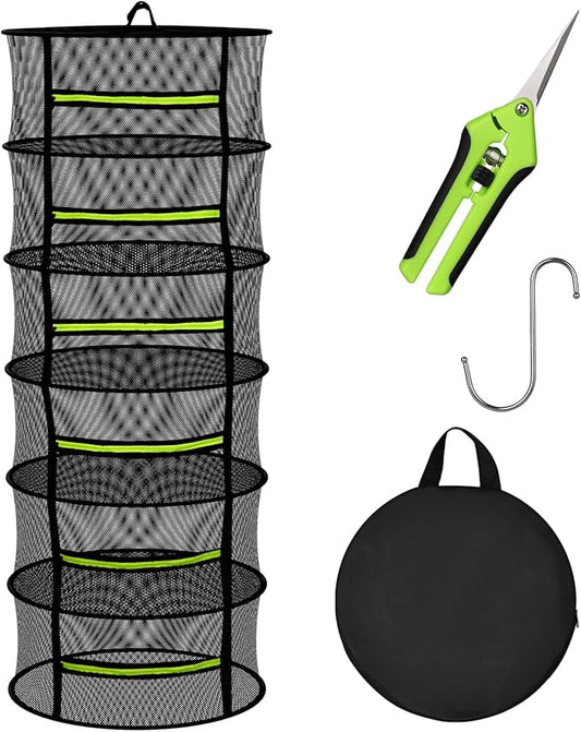 Herb Drying Rack with Mesh Design, Hanging Drying Rack with Green Zipper & Garden Pruning Shears – Versatile Plant Drying Solution (6 Layers)