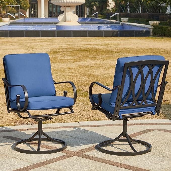 MELLCOM Patio Swivel Chair Set of 8, Heavy Duty Outdoor Dining Chairs with Thickened Cushions, Metal Patio Chairs Gentle Rocker for Outside, Garden Lawn & Porch, Backyard, Blue