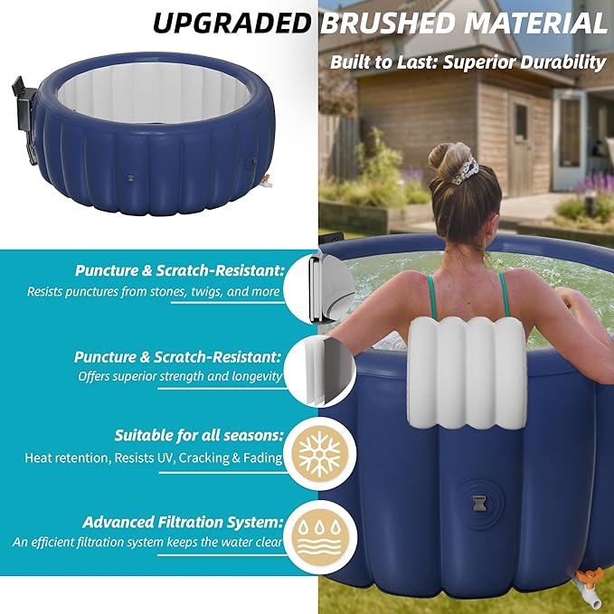 2-4 Person Inflatable Hot Tub - 73"x28" Round Portable Outdoor Spa with 146 Bubbling Jets & Smart Control,2 Contoured Headrest,Cup Holder and Cover, Blue