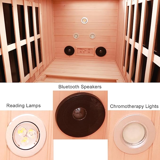 Ceramic Infrared Sauna 1 Person Infrared Sauna Hemlock Far Infrared Saunas for Home 2 in 1 Indoor Sauna Room with Low EMF Heaters + Ceramic Heating Cube-Chromotherapy-Bluetooth Speaker