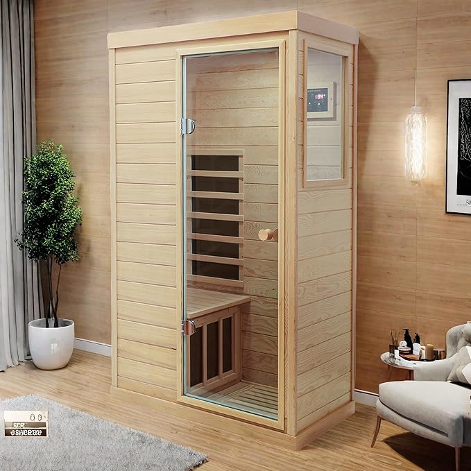 Infrared Sauna Single Hemlock Mini Far Infrared Sauna Box for Home on The Right with LCD Display, Bluetooth Audio, Natural