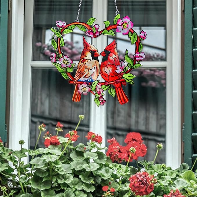 Stained Glass Window Hanging Cardinal Suncatcher,velaboll 10 inch Cardinal Decor for Home Decor, Garden, Patio, Gift for Nature and Bird Lovers