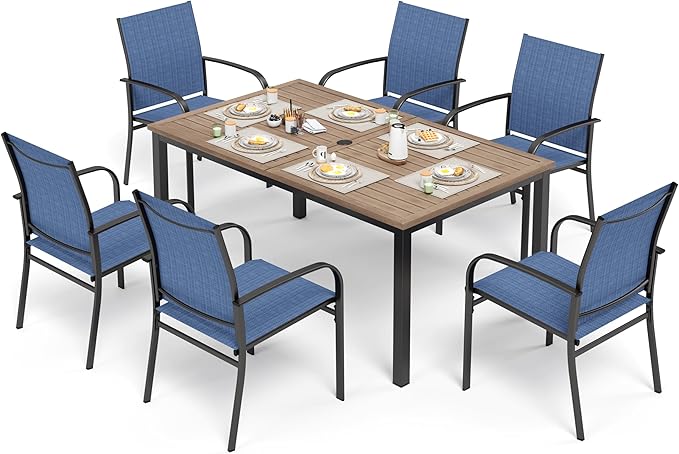 7 Piece Outdoor Dining Set, Rectangular Wood-Like Table with Umbrella Hole, Patio Dining Set for Outdoor Kitchen Lawn Garden,Backyard,Deck