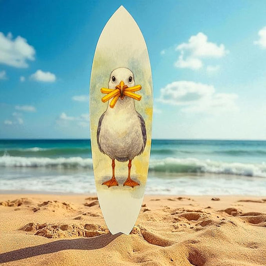 JennyGems Funny Seagull Surfboard Wall Art – Coastal Beach Decor, Seagull with Fries, Outdoor PVC Surfboard Sign (4 Foot)
