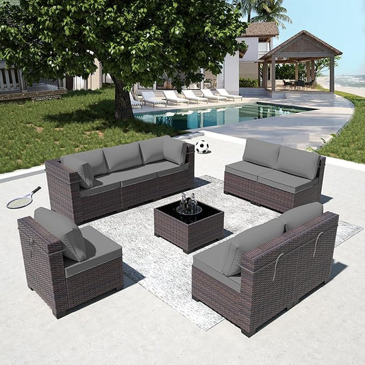 Outdoor Patio Furniture Set, 9 Pieces Outdoor Furniture All Weather Patio Sectional Sofa PE Wicker Modular Conversation Sets with Coffee Table,8 Chairs & Seat Clips(Grey)