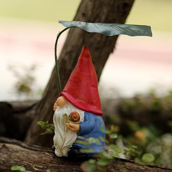 Garden Gnome Statue Decoration with Leaf Umbrella, 6.5” Figurine Ornament for Indoor Outdoor Home Patio Yard Lawn, for Gnome Lovers & Garden Enthusiasts，Mom，Women