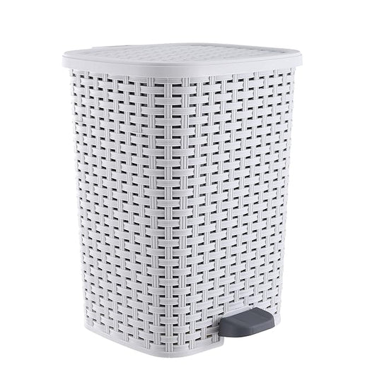 Superio Small Outdoor Trash Can with Lid for Dog Poop 6.8 Gallon/26 L Step On Plastic Garbage Can with Foot Pedal for Bathroom, Bedroom, Office, Patio, Wicker Smoke