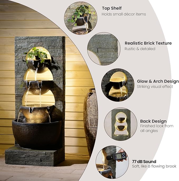 Water Fountain Outdoor Garden Waterfall Large Water Feature Tiered Freestanding Cascade Fountains Bowl Modern Artistry with LED Strip for Patio Yard Deck Home Decor, 43 inches, Brown