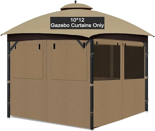 Gazebo Privacy Curtain 10'x12', Replacement Curtains with Mosquito Net Windows, 4-Panels Side Wall, Zippers, Waterproof Outdoor Curtains for Patio, Canopy, Garden and Backyard, Khaki (Curtain Only)