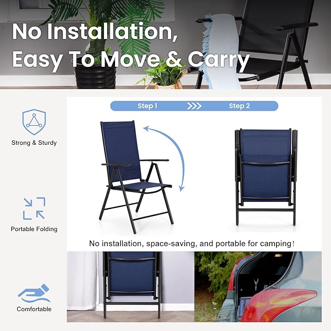 PHI VILLA Outdoor Dining Set for 4 with Patio Table and Chairs, Patio Dining Furniture Set with Adjustable Foldable Patio Chairs & Metal Steel Table for Garden,Yard and Deck, Blue