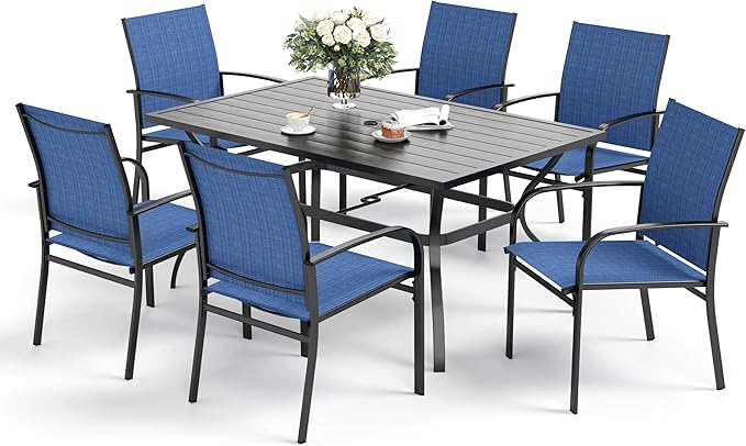 7 Piece Patio Dining Set for 6, Rectangular Metal Dining Table with Umbrella Hole and 6 Chairs, Outdoor Table and Chairs Set for Lawn Backyard and Deck, Blue