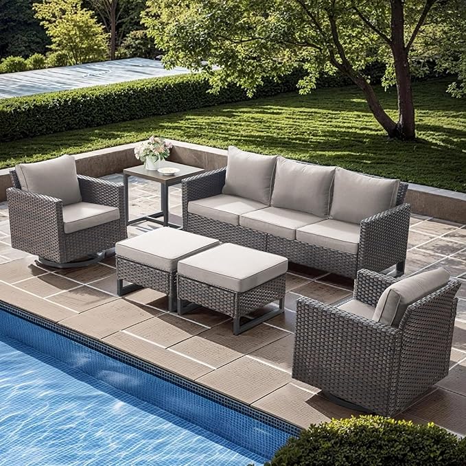 Wicker Patio Furniture Set, 6 PCS Outdoor Patio Furniture Set with Swivel Chairs, Includes 2 Swivel Patio Chairs, 1 Outdoor Couch, 1Side Table and 2 Ottoman, Brown/Beige