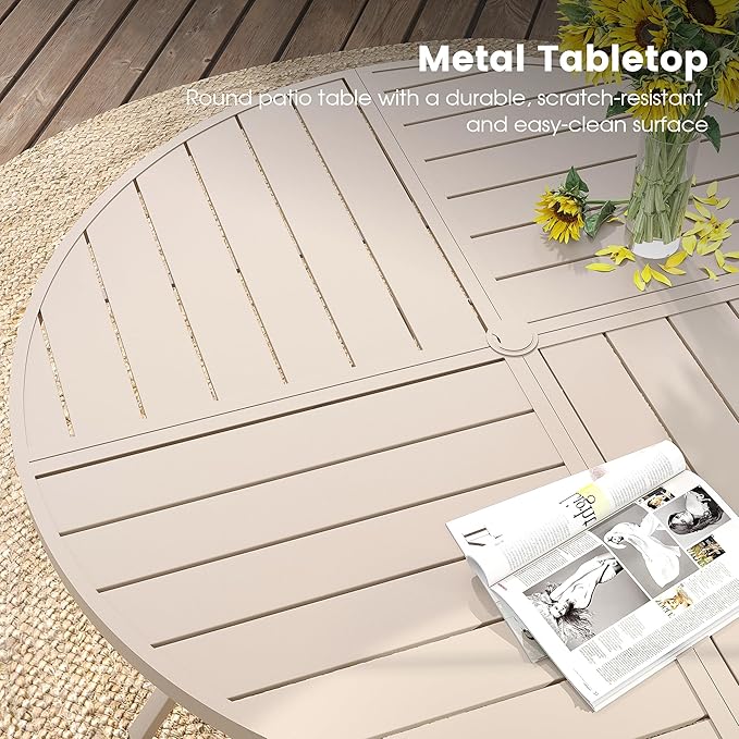 DIFY 7 Pieces Outdoor Patio Dining Set, 6 Sandshell Textilene Swivel Dining Chairs and 47.2" Sandshell Round Metal Dining Table, Outdoor Table and Chairs