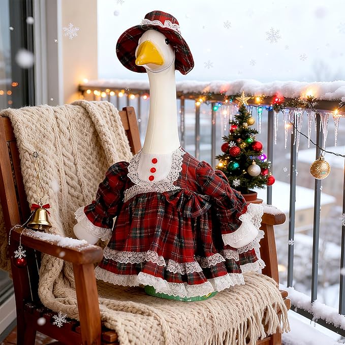 Soulchen 1 Set Christmas Plaid Porch Goose Outfit 23 Inch Xmas Cement Goose Clothes Dress and Hat Costume Set for Holiday Lawn Garden Yard Decor
