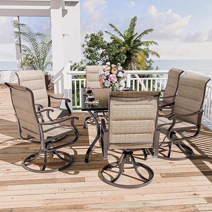 UDPATIO Patio Swivel Dining Chairs Set of 8, Outdoor Swivel Chairs High Back with All Weather Padded Textilene, Metal Rocking Frame for Lawn Garden Backyard, Brown