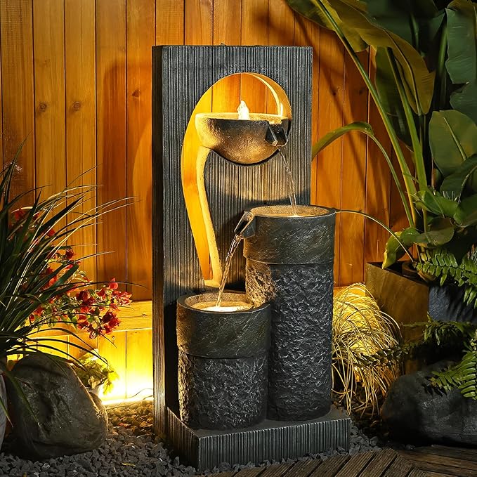 Water Fountain Zen Feature Outdoor Indoor - Waterfall Garden Freestanding Fountains ρ-Shaped Hollow Artistry Design with LED Lights for Home Decor Patio Yard Pool, 41 inches