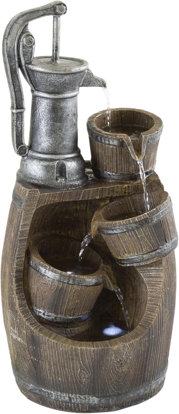 Pure Garden Water Fountain Outdoor Waterfall with Pump and LED Lights - Old Fashioned Rustic Barrel 4-Tier Indoor or Outdoor Fountain - Patio, Deck, Balcony or Backyard Water Fountains with Lights