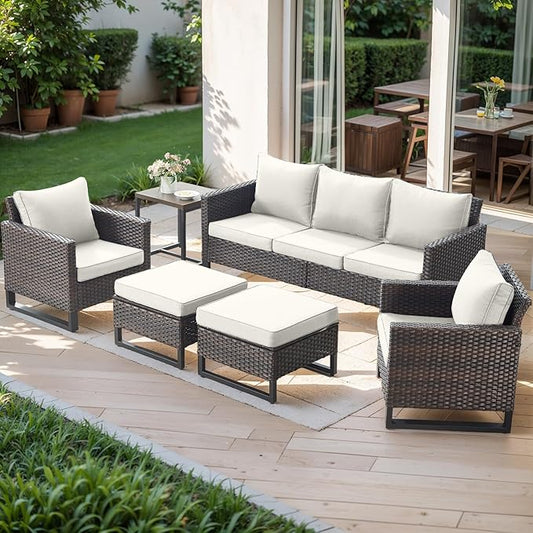 Rilyson Wicker Outdoor Patio Furniture Set - 6 Piece Patio Conversation Set with 2 Armrest Chairs,2 Rattan Ottoman,1 Couch and 1 Metal Side Table for Outside Porch Deck Backyard(Brown/Beige)