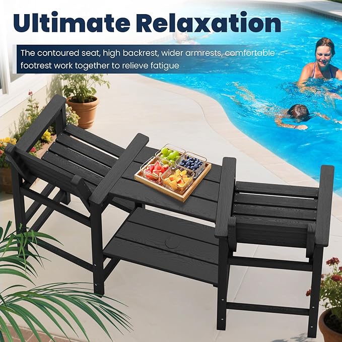 Tall Adirondack Chairs Set of 2, All Weather HDPE Poly Bar Height Balcony Adirondack Chair with Removable Double Connecting Trays, Outdoor Adirondack Barstools for Deck, Patio, Yard, Pool, Lawn