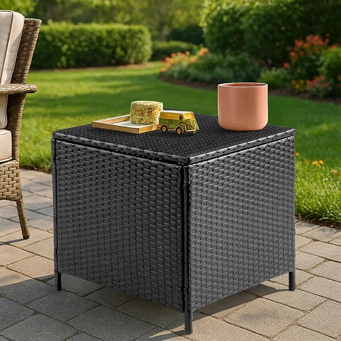 Outvita Outdoor Side Table, Rattan Coffee Table with Storage 27 Gallon Patio Small Deck Storage Box for Cushion Towel Books, Brown Side Table with lid