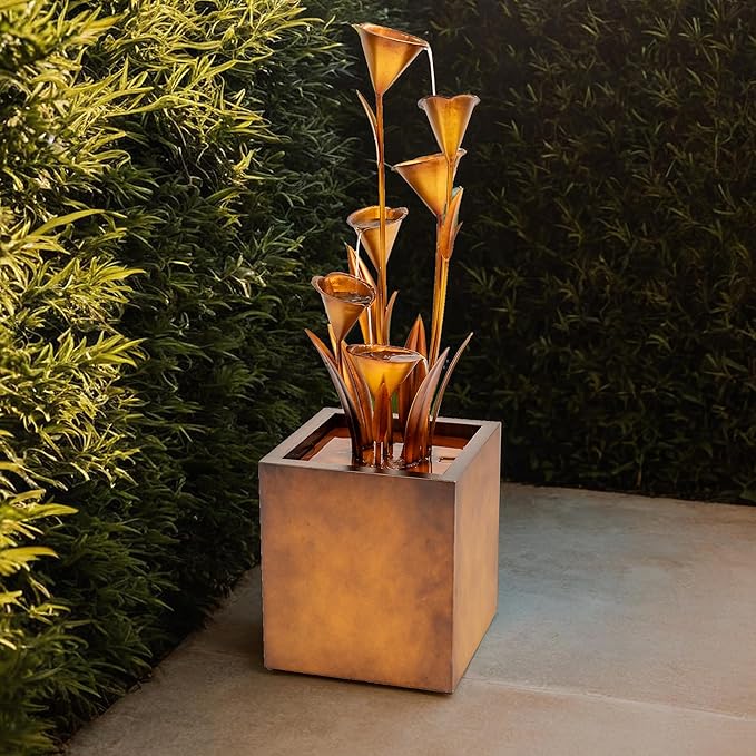 XBrand Metal Sculptural Multi-Tiered Flower Water Fountain, No LED Lights, Bronze, 46" Tall