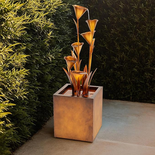 XBrand Metal Sculptural Multi-Tiered Flower Water Fountain, No LED Lights, Bronze, 46" Tall