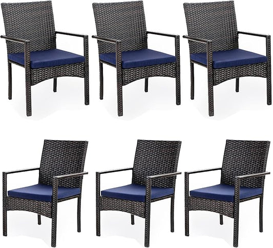 PHI VILLA Outdoor Rattan Dining Chairs Set of 6, Modern Wicker Armchair with Cushions for Patio, Deck, Yard, Porch - Brown