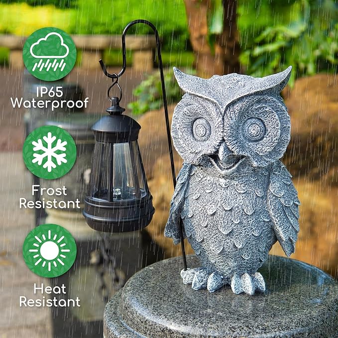 Owl Solar Garden Outdoor Statues, Resin Owl Figurine Decorations with Solar Lights Lantern for Patio, Balcony, Home, Yard Art, Lawn Ornaments, Porch, Garden Gifts for Grandma Mom Women