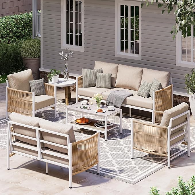 Aluminum Outdoor Patio Furniture Set, HDPE Rope 5 Piece Modern Sectional Conversation Sets with Dual-Layer Coffee Table, All Weather Patio Couch Sofa with Thick Cushions, White Frame, Ivory