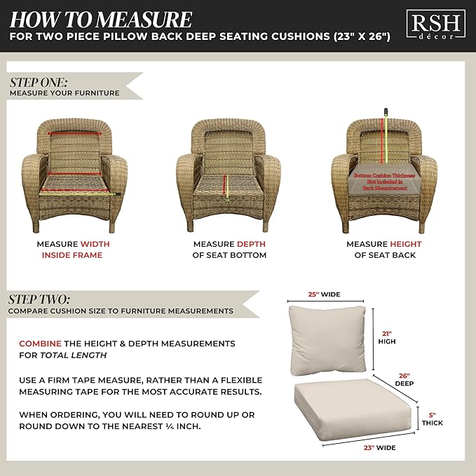 RSH DECOR: Deep Seating Cushion with Pillow Back | 23” x 26” Seat | All-Weather Spun Fabric | Water and Fade-Resistant | Outdoor Chair Cushion Set for Patio Furniture | Medlo Sonoma