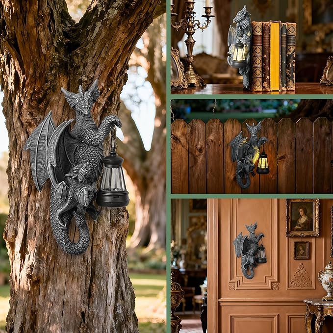 Solar Garden Decor Dragon Tree Hugger Garden Statues Lawn Ornaments for Outside Balcony Yard Whimsical Art Outdoor,Medieval Fantasy Halloween Decor