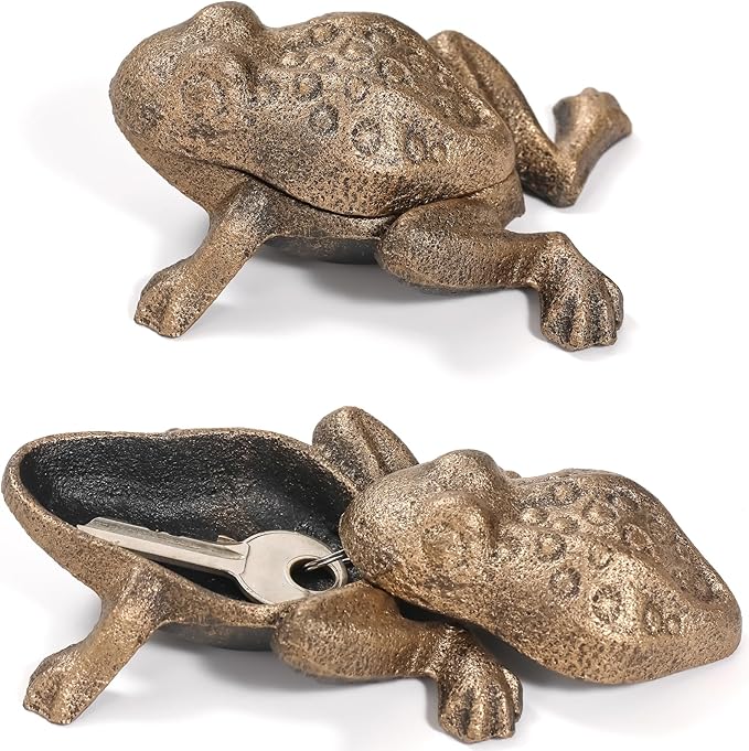 Outdoor Frog Key Hider, Cast Iron Frog Statue and Keys Hiders for Outside, Decorative Hidden Keys Holder, Antique Gold Hide a Key for Indoor Garden Yard Patio Decor