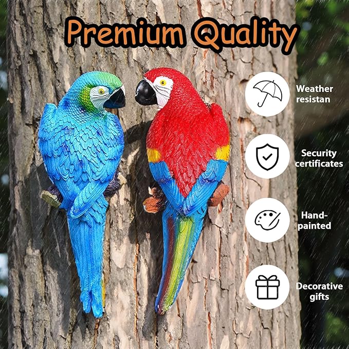 Teaeeno 2Pcs Resin Wall Bird Statue Decor,Real Parrot Sculpture Home Decor,Outdoor Indoor Figurine Ornaments-Garden Tree Sculpture,Resin Animal Statue for Garden, Terrace, Lawn, Yard