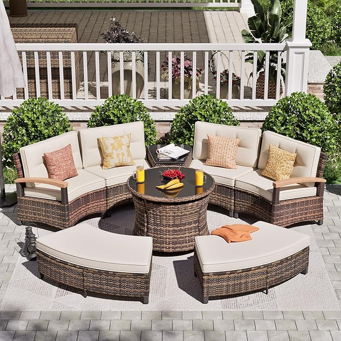 MEISSALIVVE 8 Piece Outdoor Patio Furniture Set, Half-Moon Curved Sectional Set with Wood Armrests, Patio Conversation Set, 2 Half-Moon Ottomans, Round Table & Side Table (Brown)