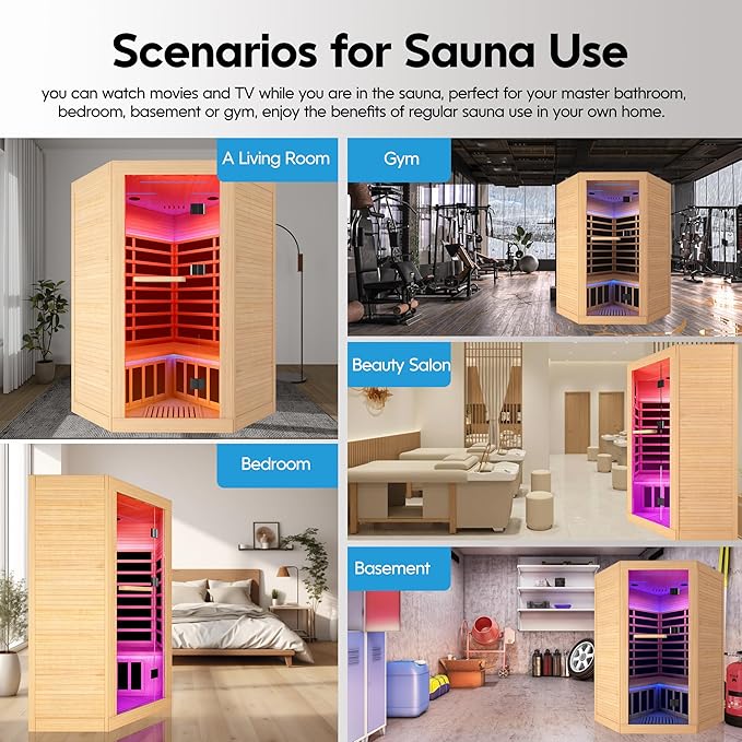 Sauna Room Far Infrared Saunas Home 1 to 3 Person Canadian Hemlock 2180W Low-EMF Dry Sauna with Oxygen Bar/7 Color Therapy/9 Heating Plates/Control Panel/Speakers 20-Year Aftersale