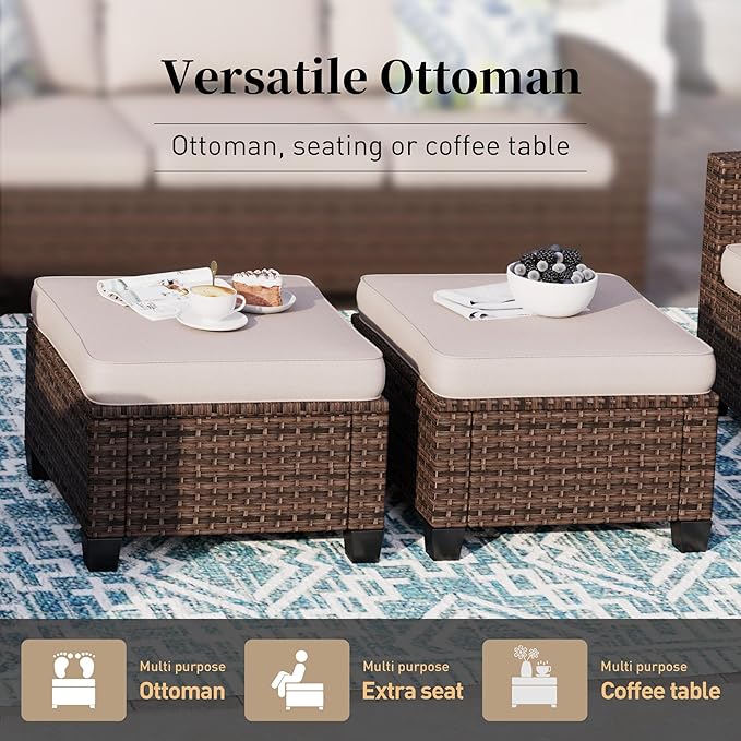 Patio Furniture Set Outdoor Furniture Brown Wicker Rattan Patio Conversation Sets with Cushion Outside Sofa Set,7 Pieces with Rectangular Firepit Table,9 Seats,Beige