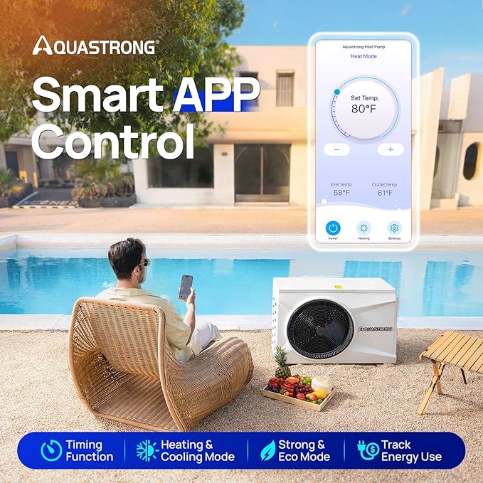 Aquastrong Inverter Swimming Pool Heat Pump, 22,000 BTU 7,000 Gallons Electric Pool Heater for Above Ground and Inground Pool, WiFi Capable Timer, Heating and Cooling Pool Heater 120V