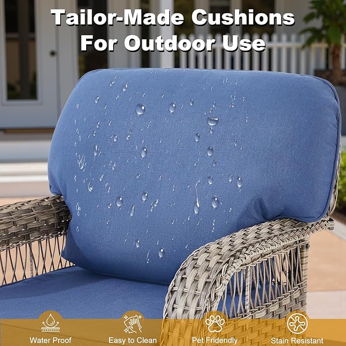 Outdoor Swivel Rocker Chairs - Patio Rocking Chairs Set of 2, Wicker Patio Set with 5" Thick Cushion, Rattan Patio Swivel Rocking Chairs for Porch, Deck, Backyard Blue/Gray