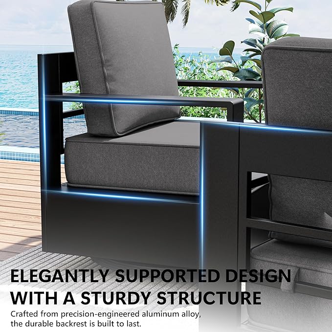 Outdoor Patio Furniture Set, 5-Piece Aluminum Patio Conversation Set All-Weather Metal Outdoor Sectional with 6 Inch Thick Cushions, Deep Setting for Garden, Outside and Porch