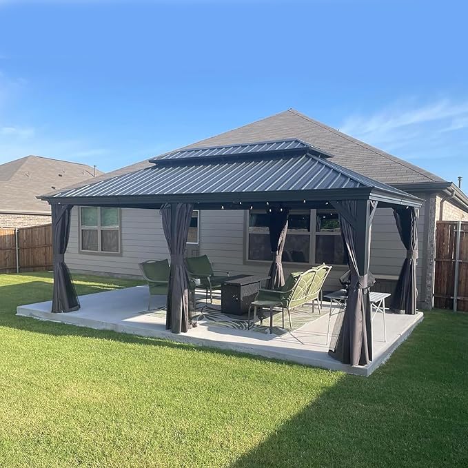 Domi 12'x18' Hardtop Gazebo Canopy Metal,Outdoor Aluminum Gazebo with Galvanized Steel Double Roof,Permanent Gazebo Pavilion for Patio Deck Backyard,Curtain and Netting,Grey