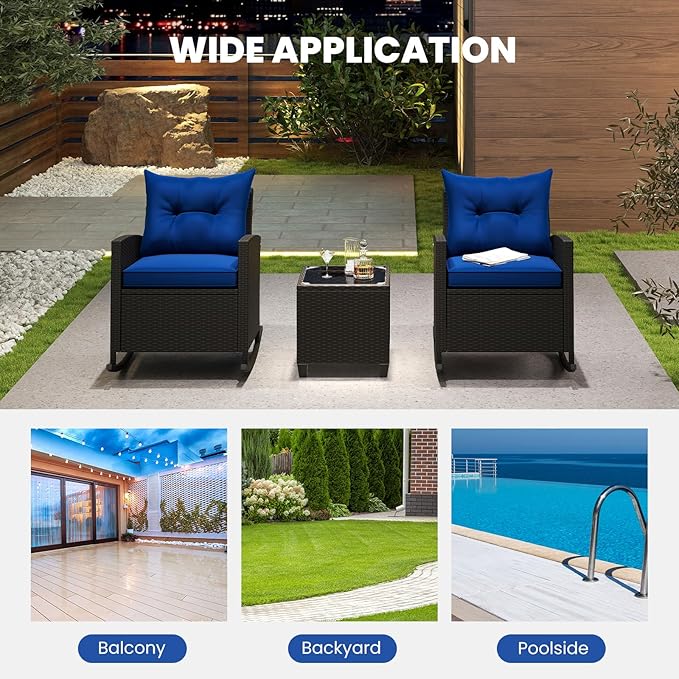 ORALNER 3 Pieces Patio Furniture Set, Outdoor Wicker Rocking Chairs with Soft Cushions, Glass Coffee Table, Rattan Conversation Bistro Set for Front Porch Balcony Garden Deck Poolside (Navy)