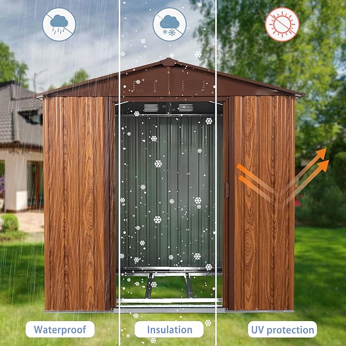 6 x 6 FT Outdoor Storage Shed, Metal Garden Shed with Floor Frame, Tool Shed Outdoor Storage with Lockable Sliding Doors & Window & Air Vents, Storage House Waterproof for Backyard, Lawn, Coffee