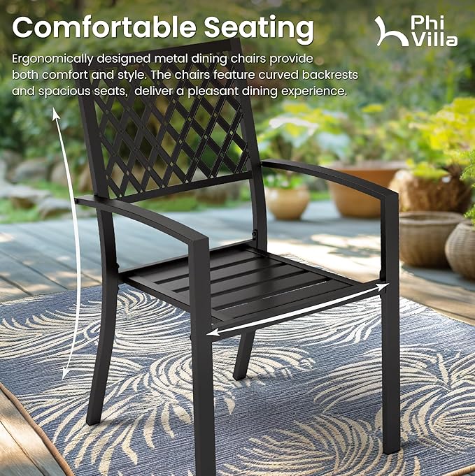 PHI VILLA 7-Piece Outdoor Dining Set, Rectangular Metal Table (64") with Umbrella Hole and 6 Stackable Dining Chairs – Perfect for Patio, Garden, Deck, Porch, and Yard, 7PCS Outdoor Dining Set Style 1