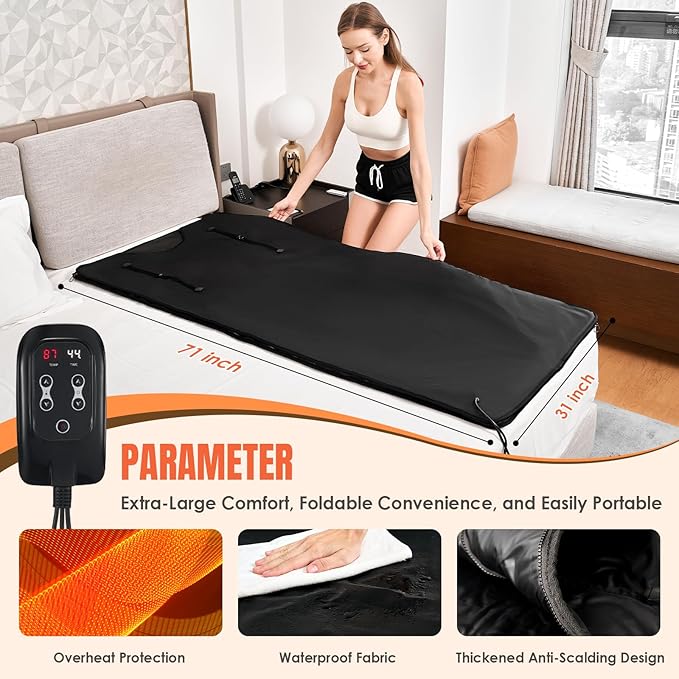 MIXC Infrared Sauna Blanket for Home Use, Portable Design and Full Body Detox & Relaxation, Highest 176℉, 20-60 Minutes Timer, 6 ft x 2.65 ft Black