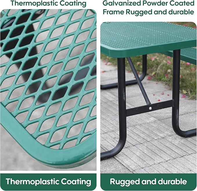 6FT Outdoor Picnic Tables,Heavy-Duty Metal Rectangular Picnic Table,Expanded Metal Commercial-Grade Table with 2 Benches & Umbrella Hole,Waterproof Coating Beach Table for Patio,Garden, Backyard