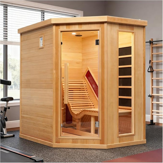 Infrared Sauna Room with Recliner, 1 or 2 Person Home Canadian Hemlock Luxurious Wooden Traditional Indoor Corner Dry Heat Sauna Room, 2300W/220V, 8 Heating Panels, 7 Color Lights, Oxygen Bar