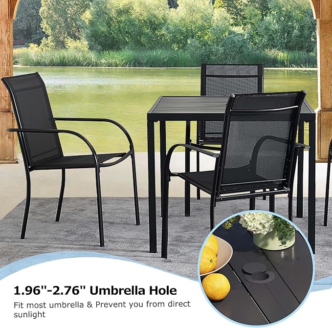 5 Pieces Round Dining Table Set for 4, Patio Dining Set Includes 4 Black Stackable Patio Chairs and Black Square Table, Patio Furniture Sets with Sling Support for Outside, Garden